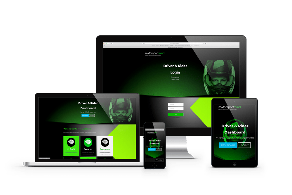 A laptop, tablet, and phone displaying a green website design.